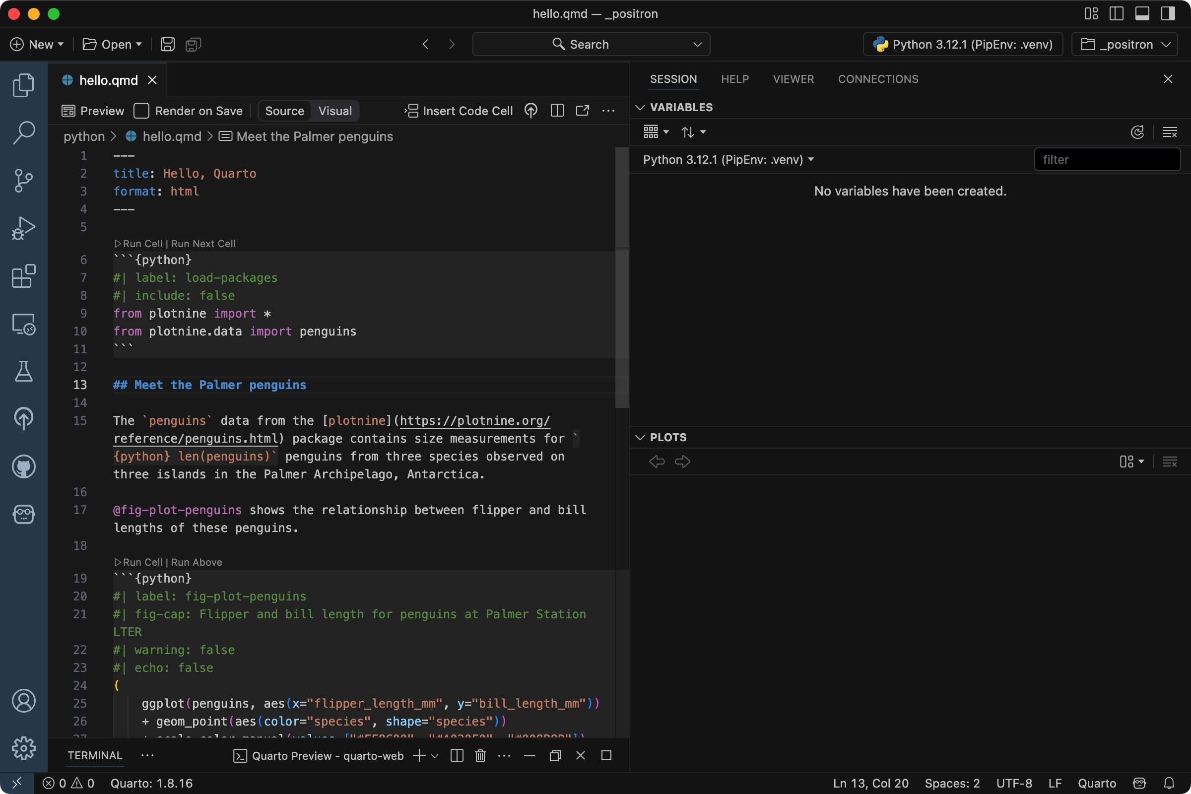 Positron with a file called `hello.qmd` open in the Editor.
