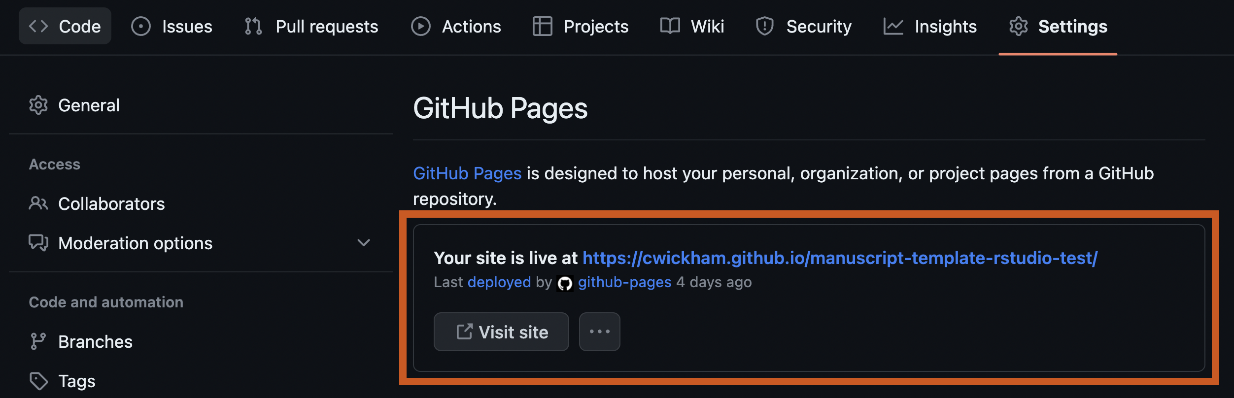 Screenshot of GitHub Pages Settings: under the heading GitHub Pages a dialog starting with 'Your page is live at:' followed by a URL.